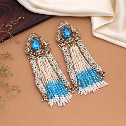 Captivating Teal Rama Green Color Kundan Drop Earrings For Designer Outfits