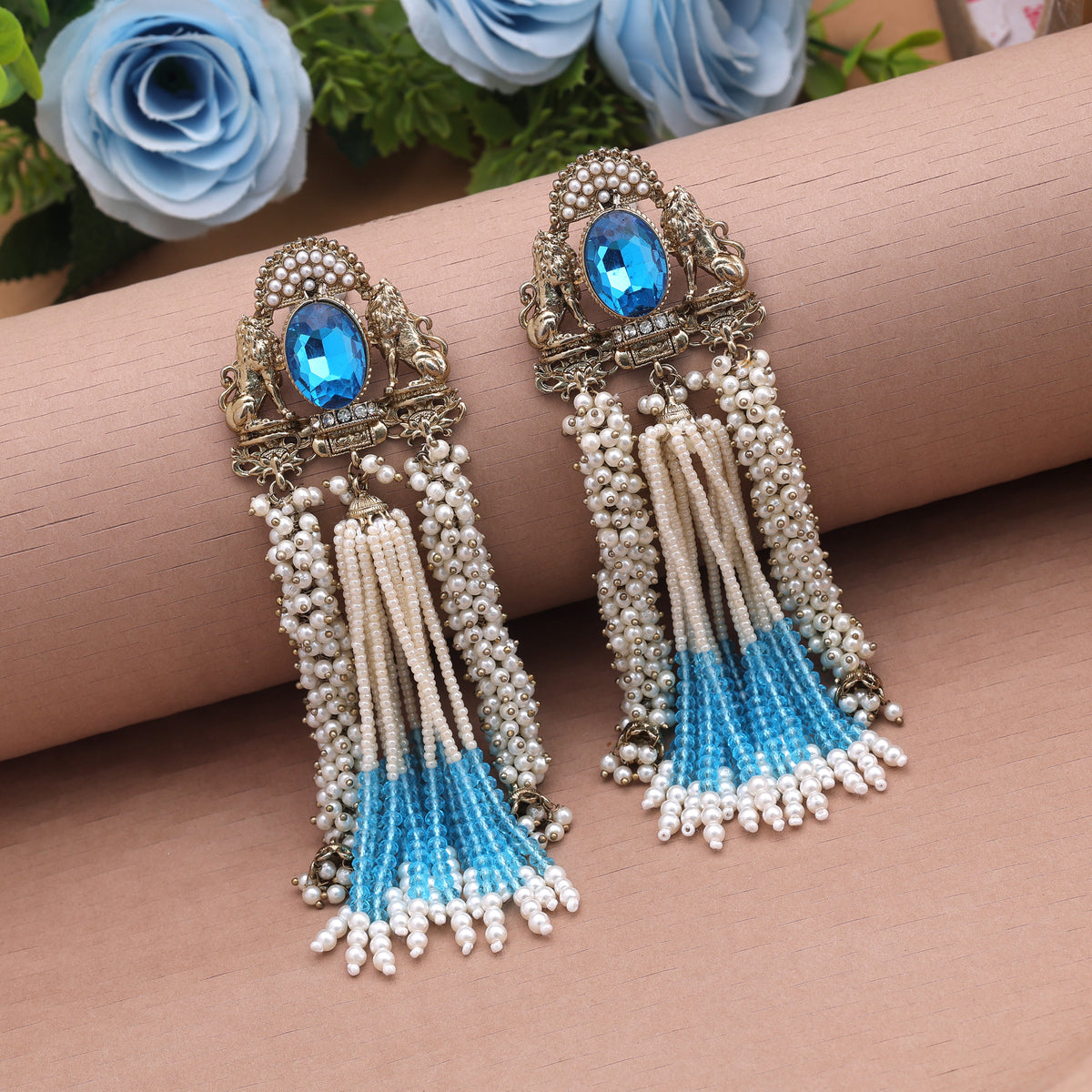 Captivating Teal Rama Green Color Kundan Drop Earrings For Designer Outfits
