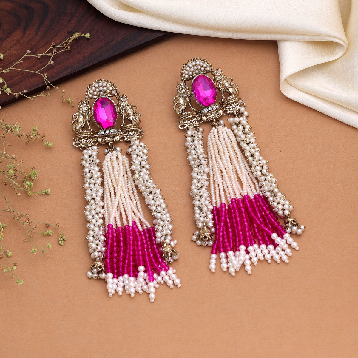 Vibrant Rani Pink Color Kundan Drop Earrings For Festive Partywear Sarees