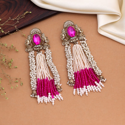 Vibrant Rani Pink Color Kundan Drop Earrings For Festive Partywear Sarees