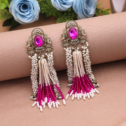 Vibrant Rani Pink Color Kundan Drop Earrings For Festive Partywear Sarees