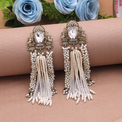 Timeless Pure White Color Kundan Jhumka Earrings For Festive Saree Outfits