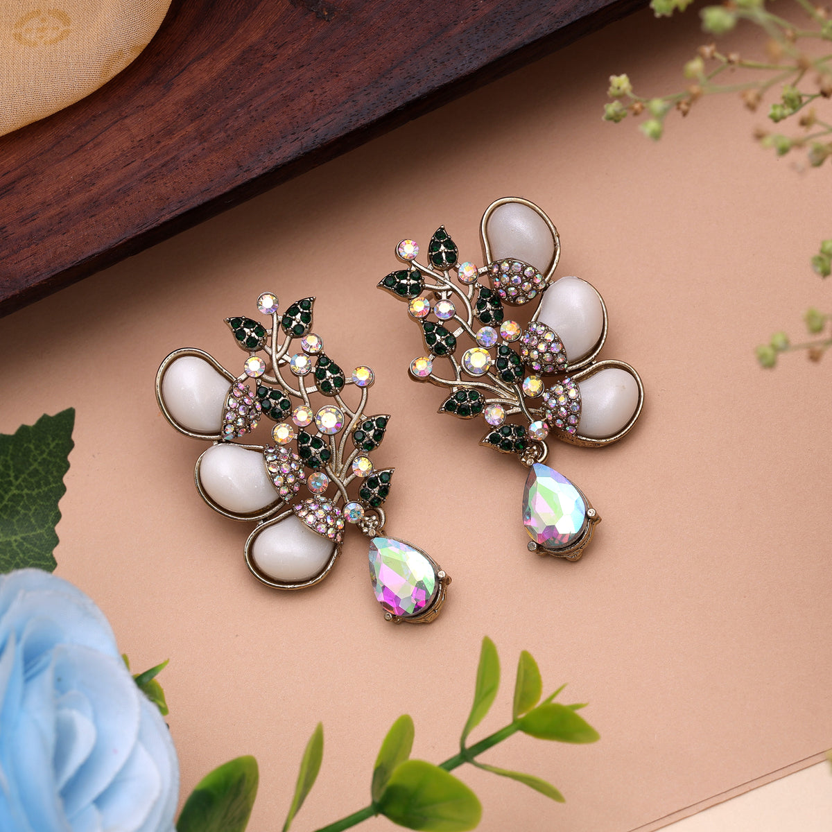 Lively Forest Green Color Kundan Chandbali Earrings For Festive Ethnic Dress