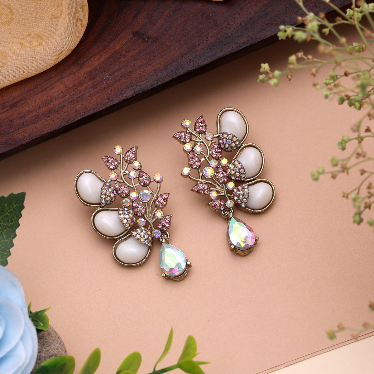 Delicate Soft Light Pink Color Kundan Statement Earrings For Special Occasions