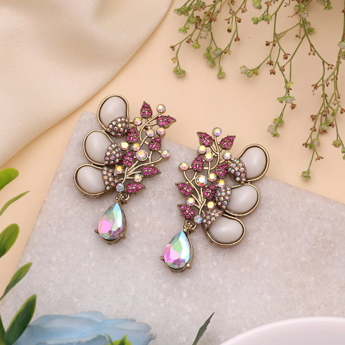 Pretty Rose Pink Color Kundan Pearl Embellished Earrings For Young Girls