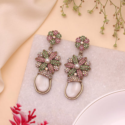 Lovely Light Pink Light Green Color Kundan Floral Earrings For Lehengas