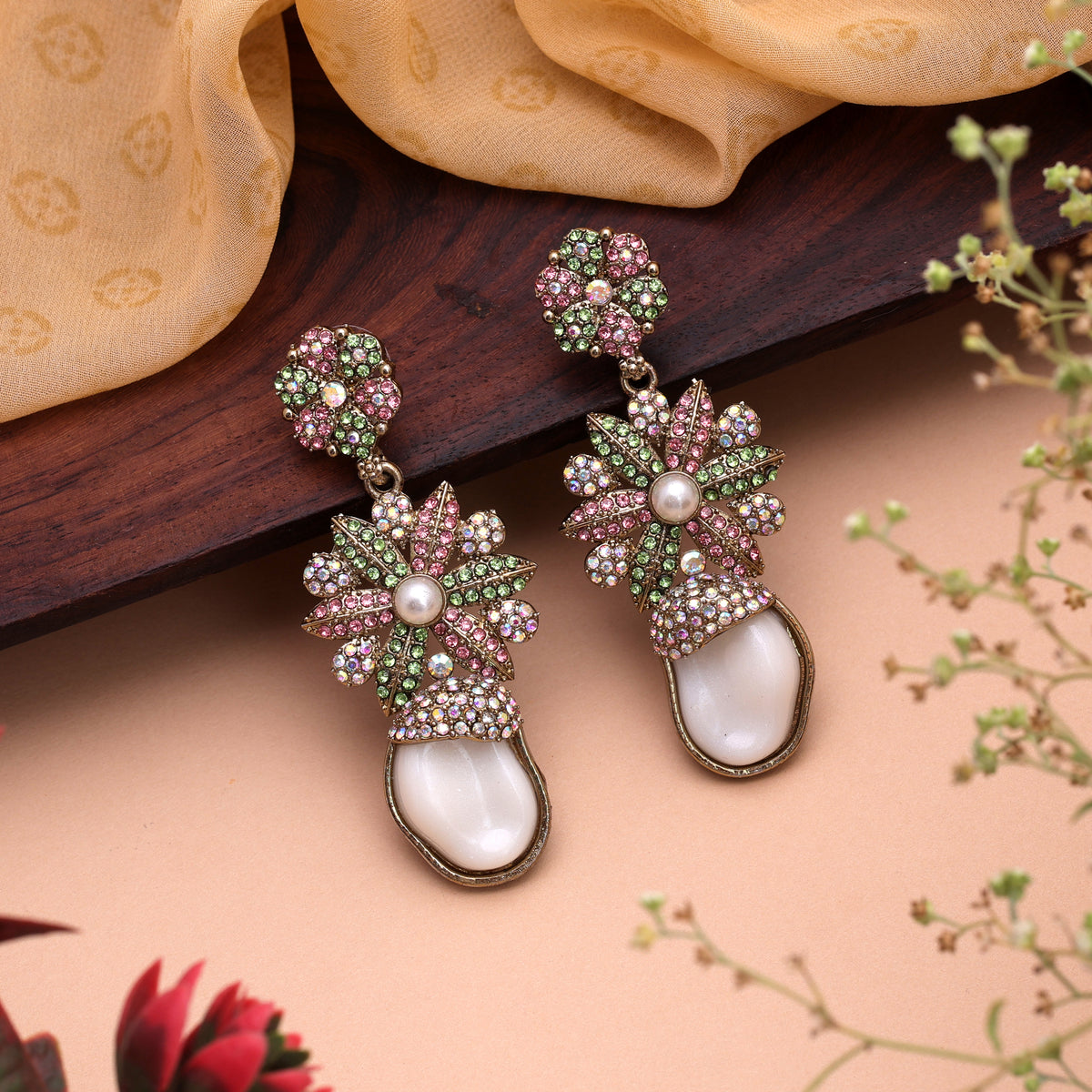 Lovely Light Pink Light Green Color Kundan Floral Earrings For Lehengas