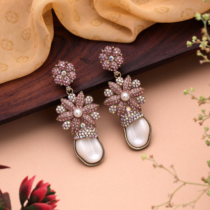 Subtle Powder Light Pink Color Kundan Drop Earrings For Gentle Everyday Elegance