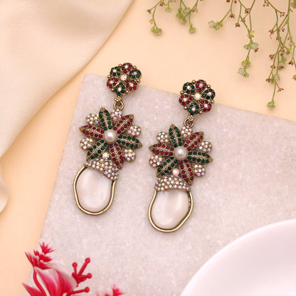 Deep Rich Maroon Green Color Kundan Statement Earrings For Festive Events