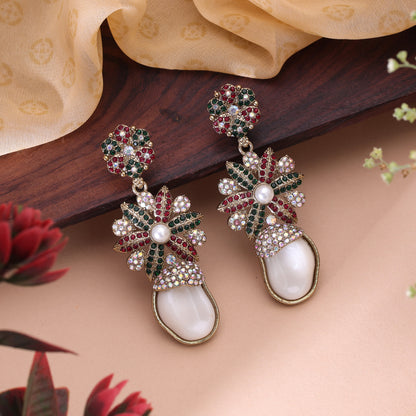Deep Rich Maroon Green Color Kundan Statement Earrings For Festive Events