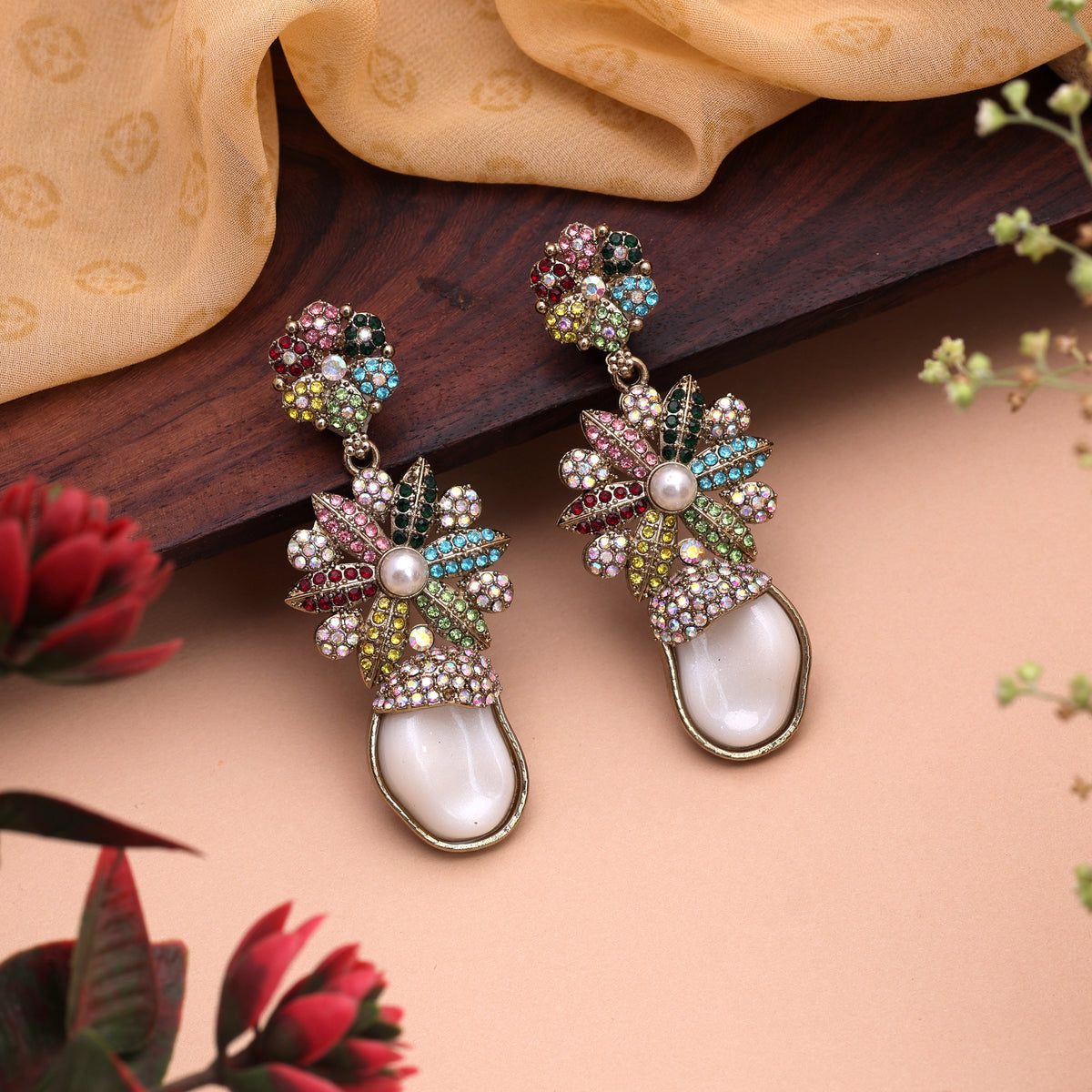 Splendid Ethnic Multi Color Kundan Drop Earrings For Cultural Celebration Outfits