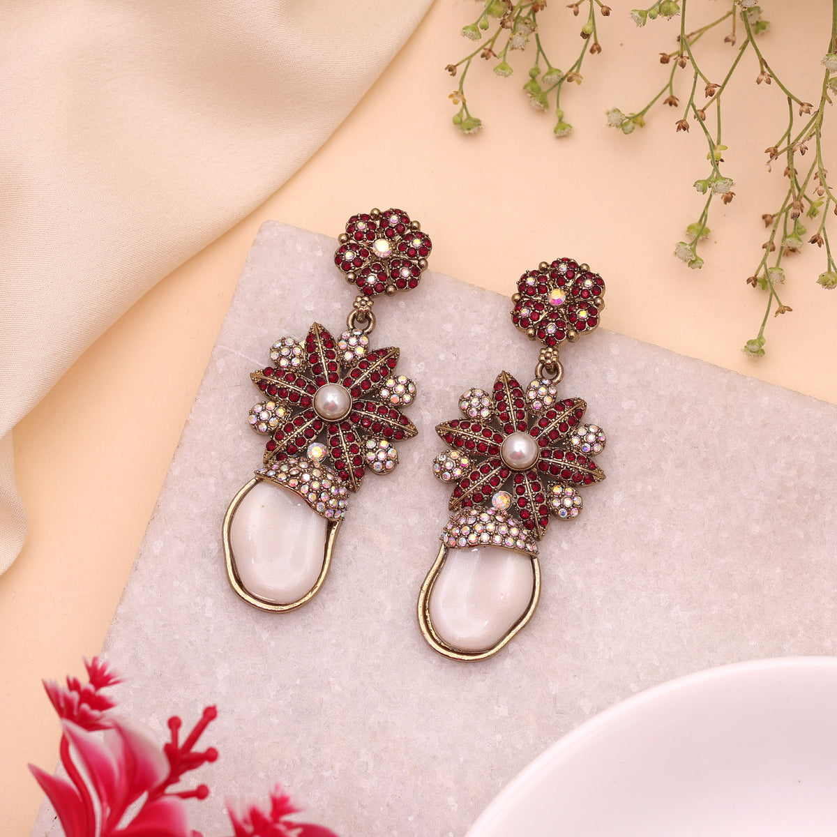 Ornate Oxblood Maroon Color Kundan Chandbali Earrings For Traditional Bridesmaids