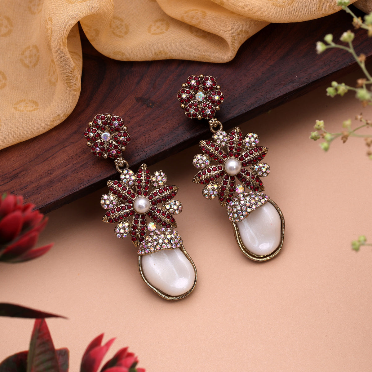 Ornate Oxblood Maroon Color Kundan Chandbali Earrings For Traditional Bridesmaids