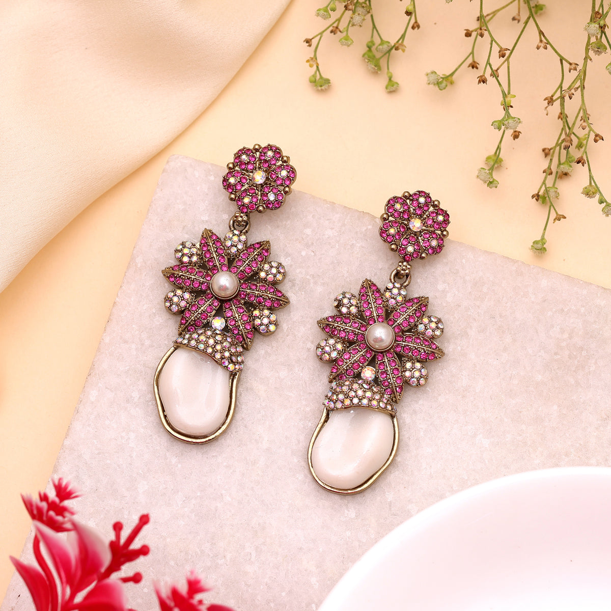 Charming Magenta Pink Color Kundan Statement Earrings For Festive Occasion Wear