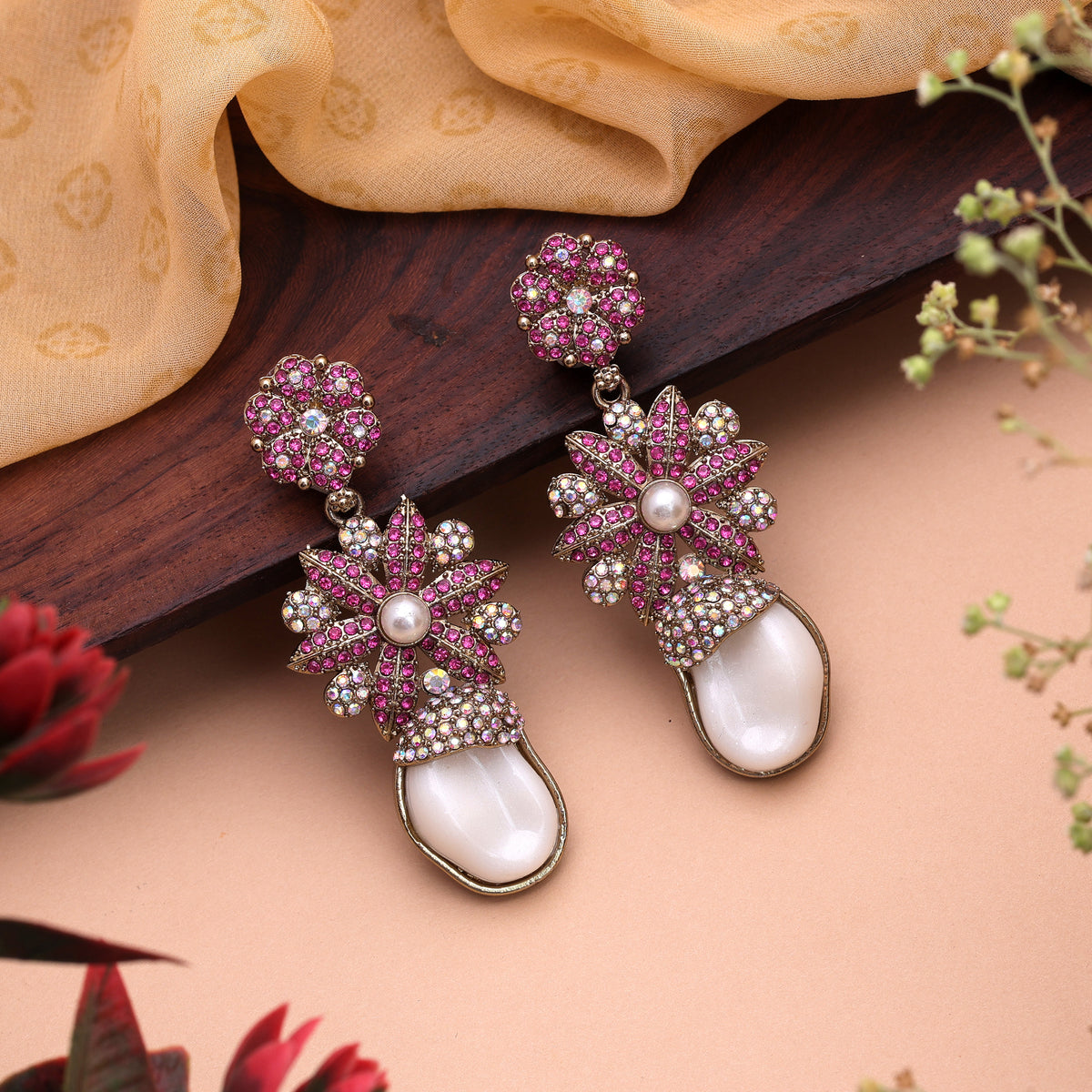 Charming Magenta Pink Color Kundan Statement Earrings For Festive Occasion Wear