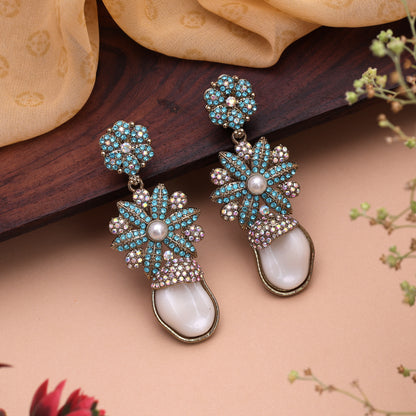Ocean Teal Rama Green Color Kundan Drop Earrings For Modern Fusion Wear