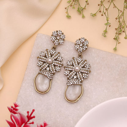 Radiant Pearl White Color Kundan Statement Earrings For Formal Wedding Wear