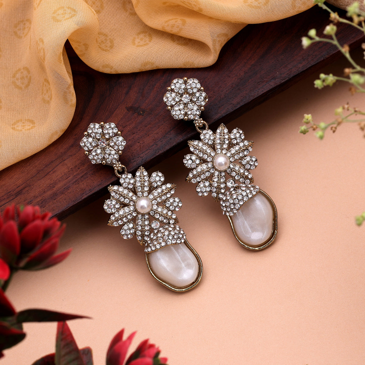 Radiant Pearl White Color Kundan Statement Earrings For Formal Wedding Wear