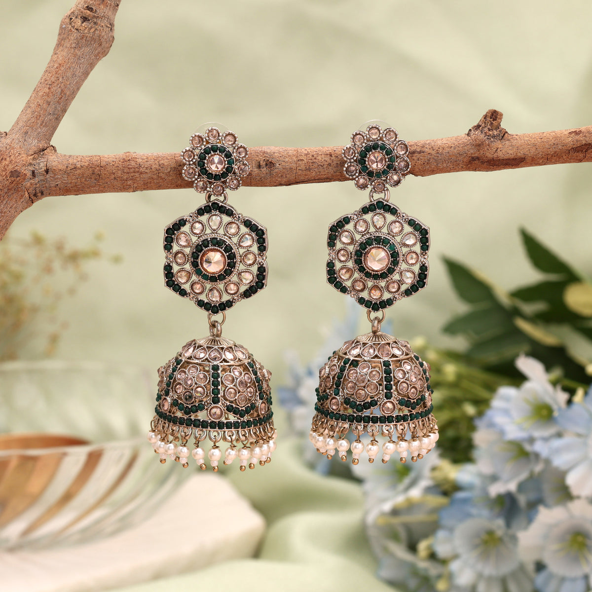Royal Green Color Kundan Earrings Jhumka Designed for Brides and Special Occasions