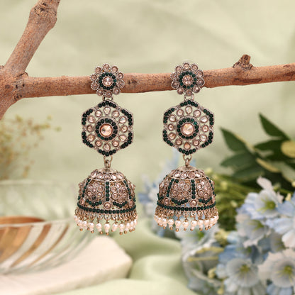 Royal Green Color Kundan Earrings Jhumka Designed for Brides and Special Occasions