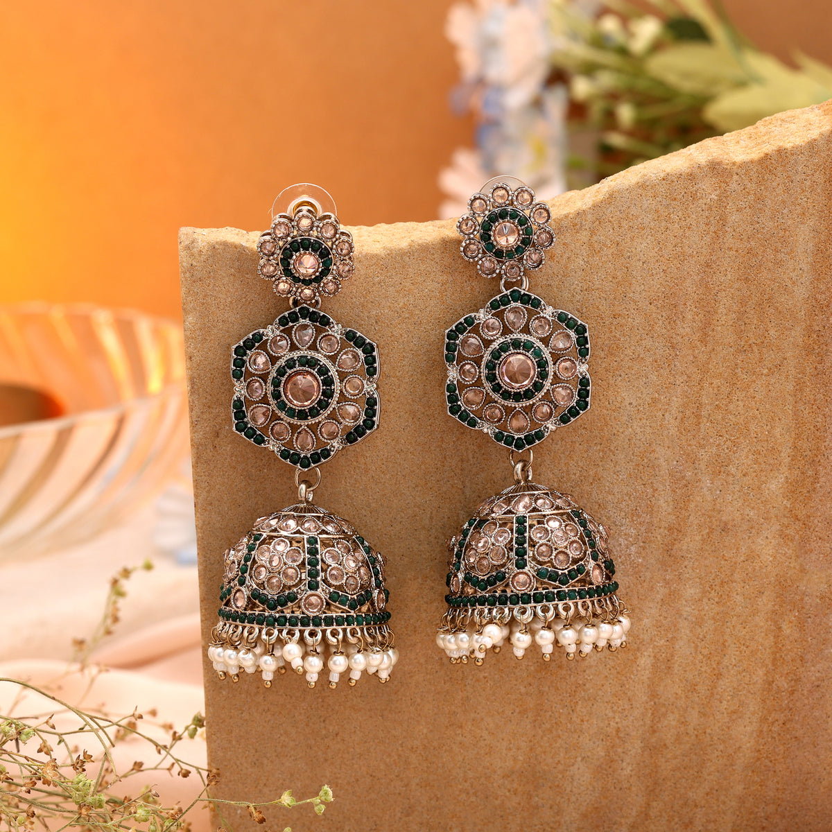 Royal Green Color Kundan Earrings Jhumka Designed for Brides and Special Occasions