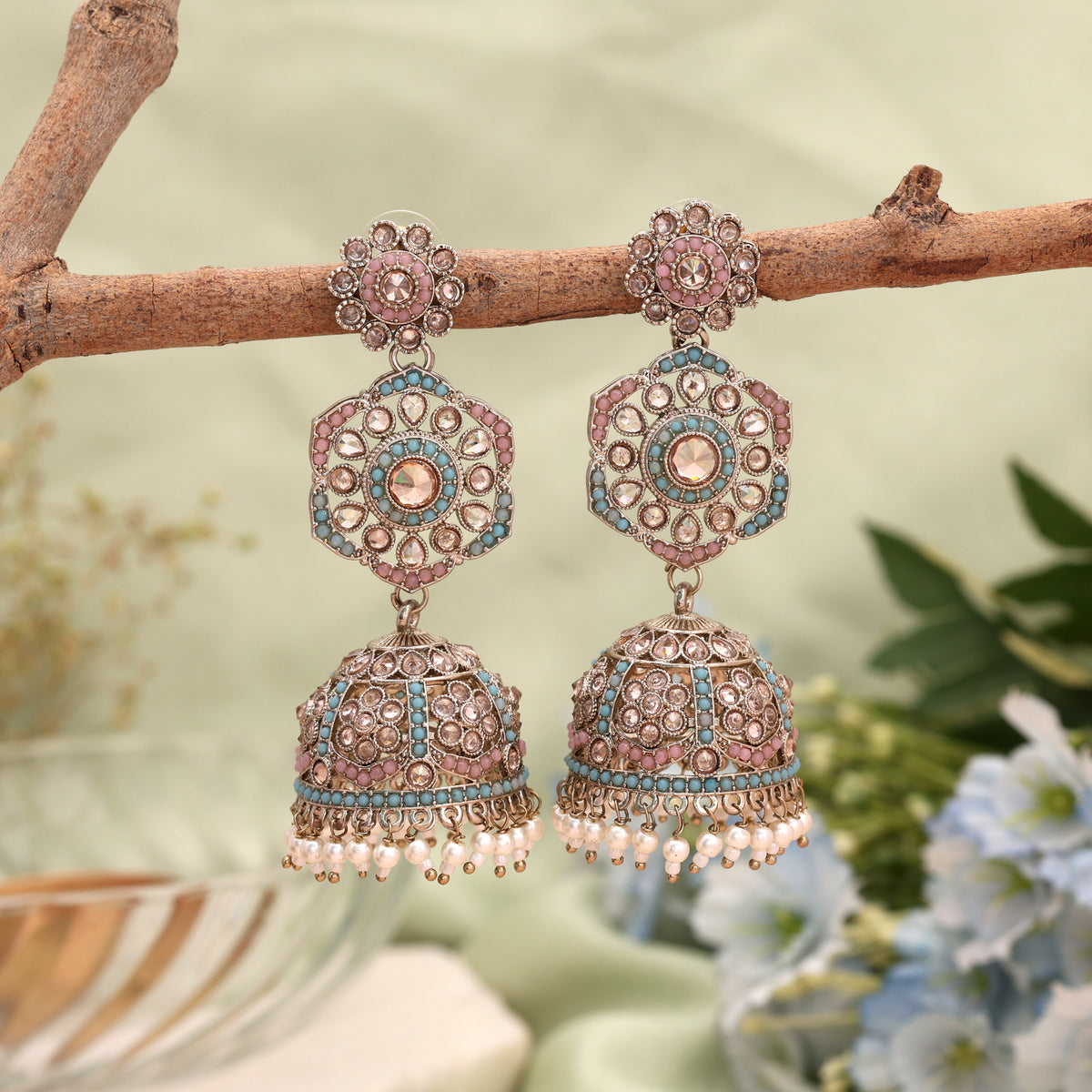 Unique Light Pink and Frozi Color Kundan Earrings Jhumka Designer Fashion Accessory