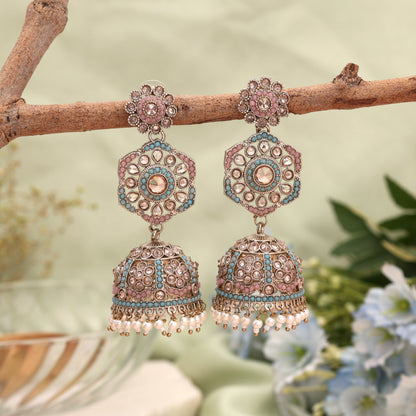 Unique Light Pink and Frozi Color Kundan Earrings Jhumka Designer Fashion Accessory