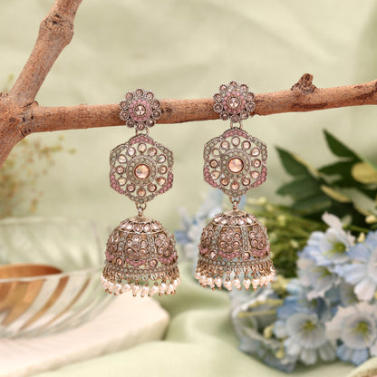 Elegant Dual Tone Light Pink and Parrot Green Color Kundan Earrings Jhumka
