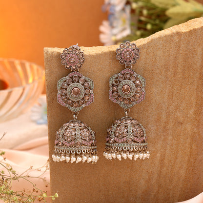 Elegant Dual Tone Light Pink and Parrot Green Color Kundan Earrings Jhumka