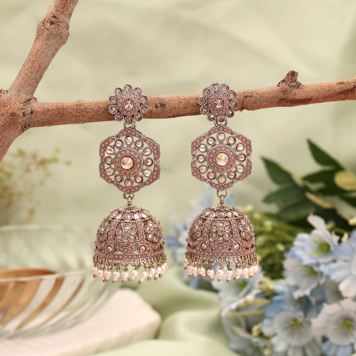 Graceful Light Pink Color Kundan Earrings Jhumka Featuring Delicate Traditional Craftsmanship