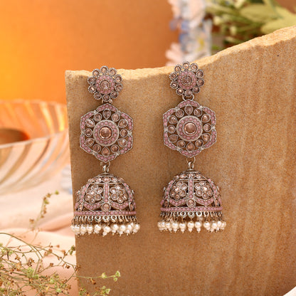 Graceful Light Pink Color Kundan Earrings Jhumka Featuring Delicate Traditional Craftsmanship