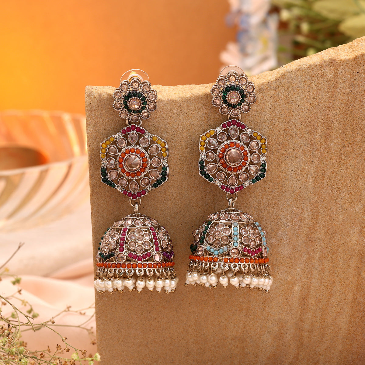 Vibrant Multi Color Kundan Earrings Jhumka Statement Piece for Traditional Celebrations