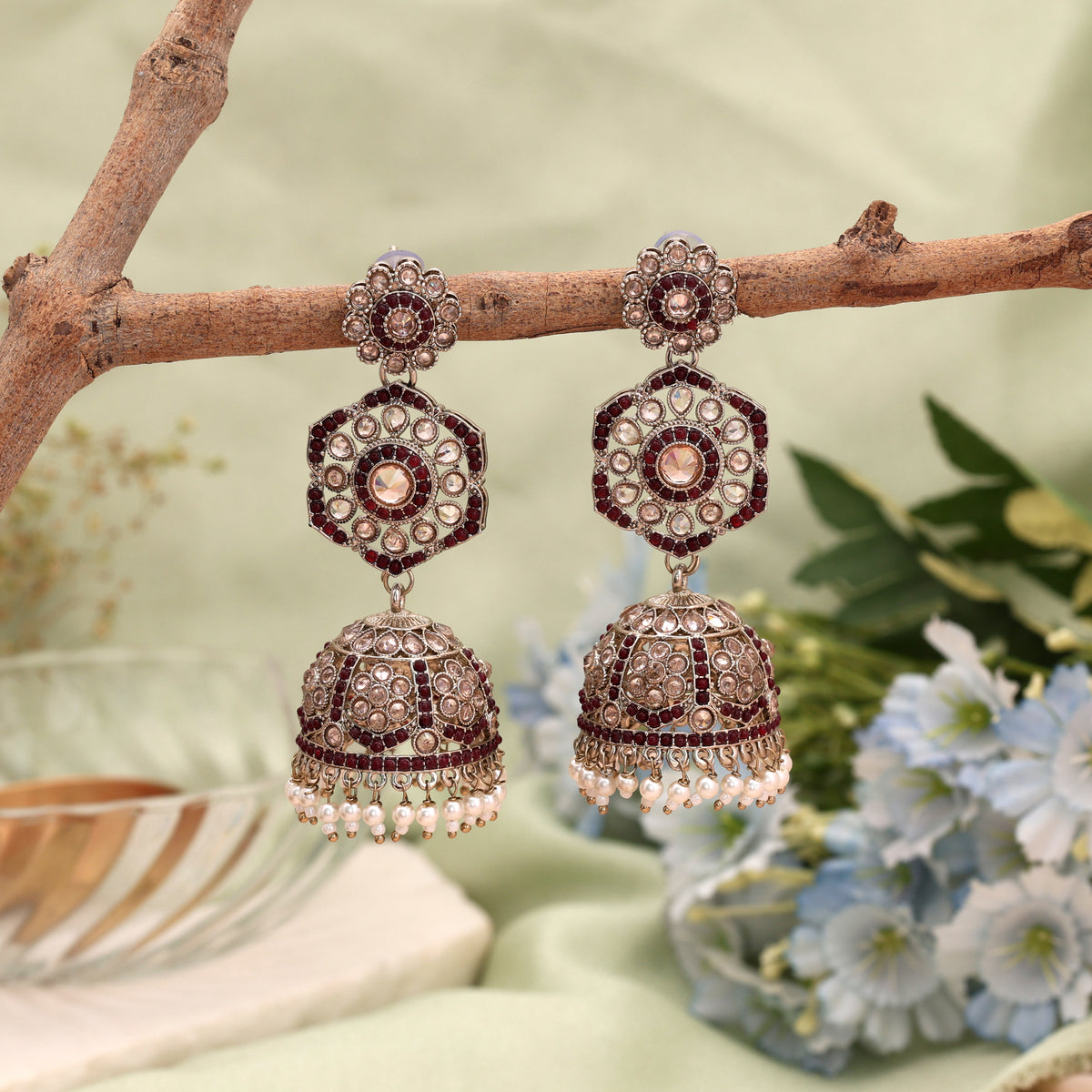Deep Maroon Color Kundan Earrings Jhumka Embellished with Traditional Ethnic Stonework