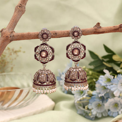 Deep Maroon Color Kundan Earrings Jhumka Embellished with Traditional Ethnic Stonework