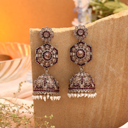 Deep Maroon Color Kundan Earrings Jhumka Embellished with Traditional Ethnic Stonework