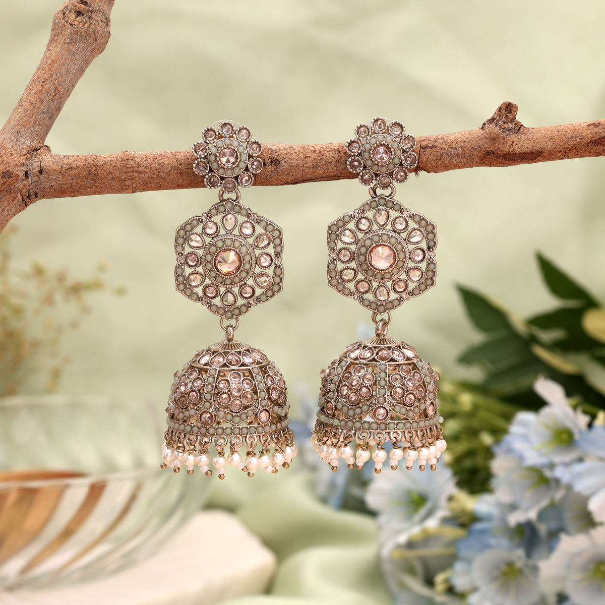 Traditional Parrot Green Color Kundan Earrings Jhumka for Ethnic Indian Festive Wear