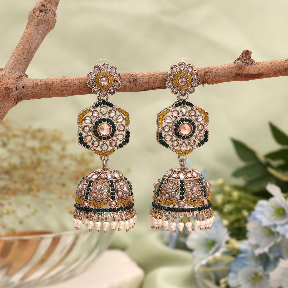 Stunning Yellow and Green Color Kundan Earrings Jhumka Perfect for Haldi Ceremonies
