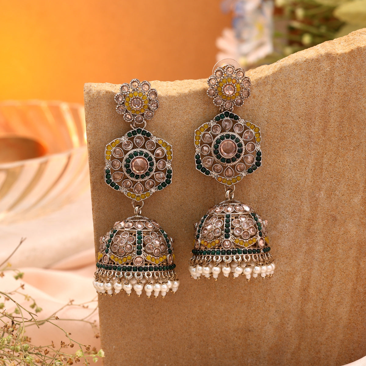 Stunning Yellow and Green Color Kundan Earrings Jhumka Perfect for Haldi Ceremonies