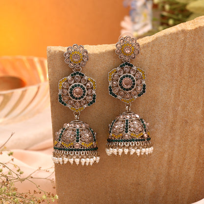 Stunning Yellow and Green Color Kundan Earrings Jhumka Perfect for Haldi Ceremonies