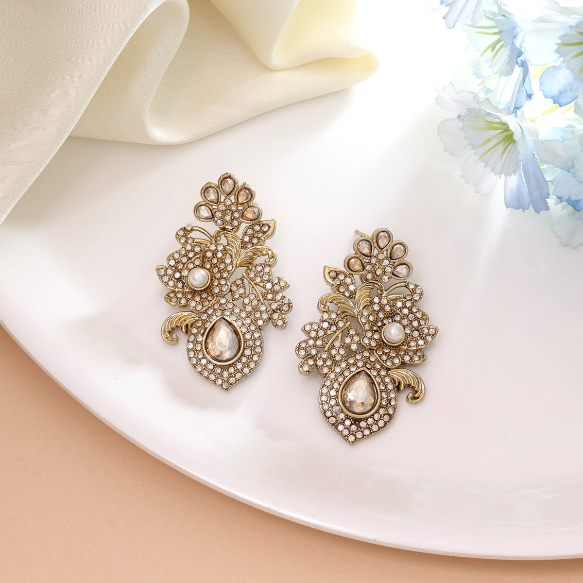 Opulent Sheen Gold Color Turkish Kundan Earrings Crafted Specially For Royal Outfits