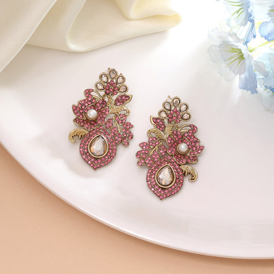 Radiant Gold & Pink Color Turkish Kundan Earrings Tailored Specially For Bridesmaids