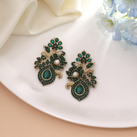 Lush Emerald Green Color Turkish Kundan Earrings Specially Designed For Functions