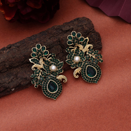 Lush Emerald Green Color Turkish Kundan Earrings Specially Designed For Functions