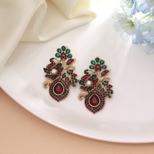 Dual Tone Maroon Green Color Turkish Kundan Earrings Styled Specially For Weddings