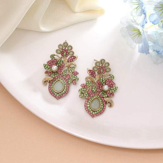 Refreshing Mint Green Color Turkish Kundan Earrings Designed For Modern Ethnic Outfits