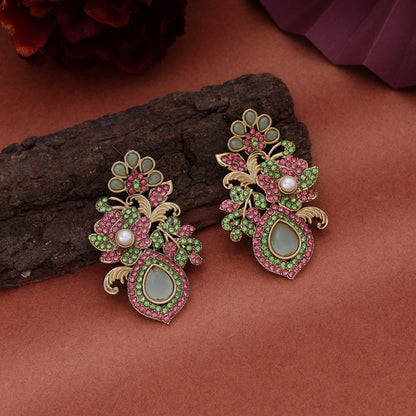 Refreshing Mint Green Color Turkish Kundan Earrings Designed For Modern Ethnic Outfits