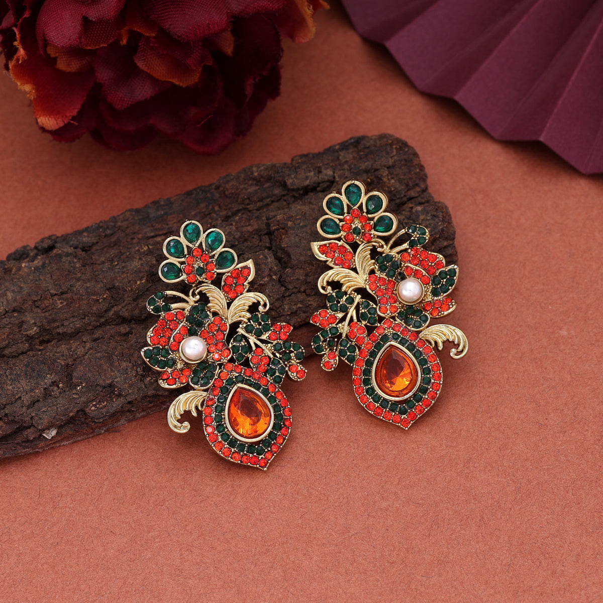 Vibrant Orange & Green Color Turkish Kundan Earrings Styled For Sangeet Celebrations