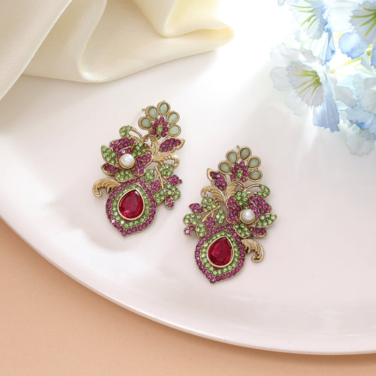 Charming Pink & Green Color Turkish Kundan Earrings Styled For Traditional Celebrations