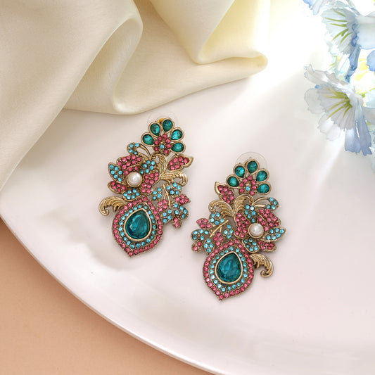 Vibrant Rama Green & Pink Color Turkish Kundan Earrings For Special Functions