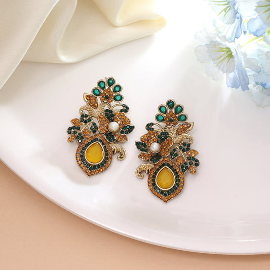 Lively Yellow & Green Color Turkish Kundan Earrings Ideal For Festive Ritual Wear
